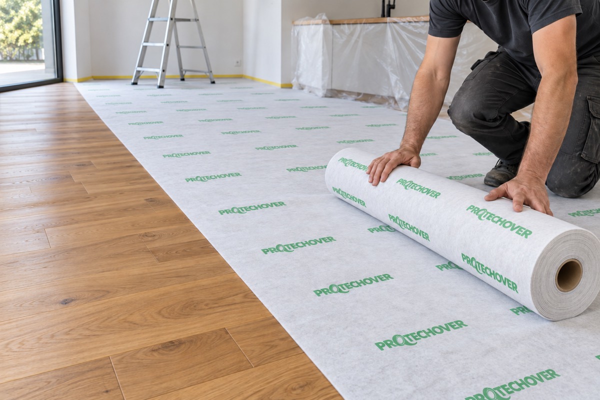 Illustrative image of a worker laying protective covering over parquet