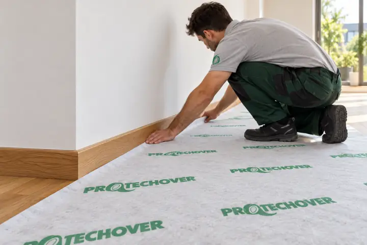 Installer fitting Protechover along a parquet floor and skirting board