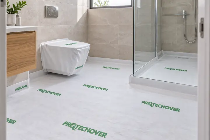 Bathroom floor and shower tray covered with Protechover, toilet protected